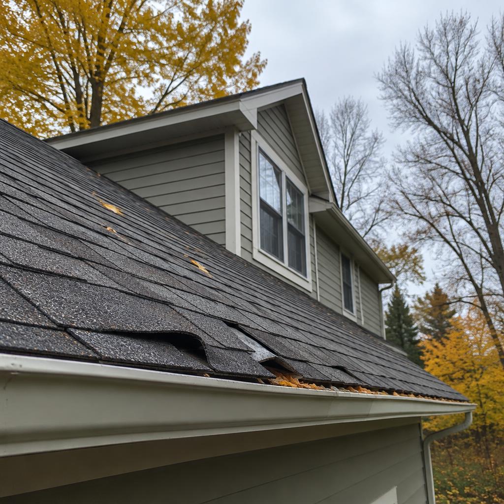 Ground-level view of curling asphalt shingles and a full gutter along the roofline of a Minnesota home in autumn