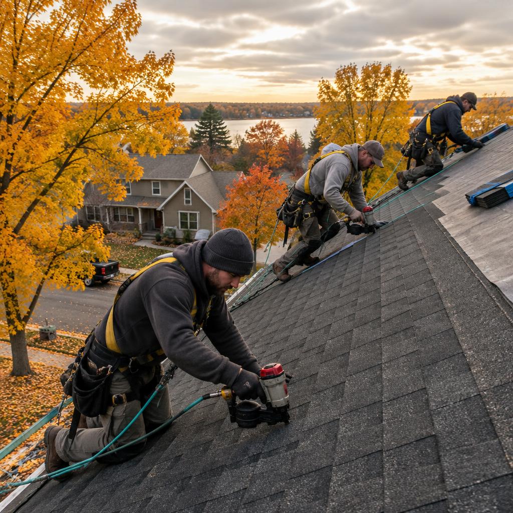 Roofing crew installing asphalt shingles on a Minnesota home in fall, golden maple trees and a lake in the background