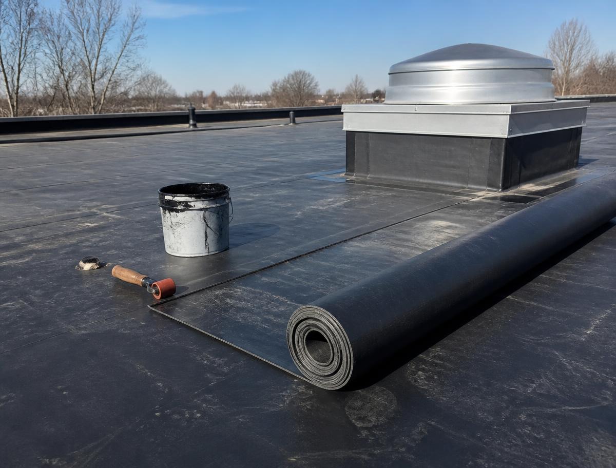 Crew installing white TPO membrane on a commercial flat roof
