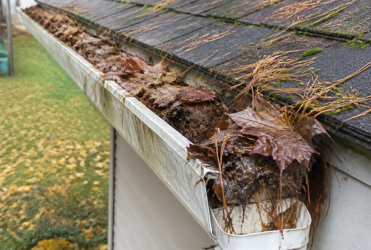 Gloved hands pulling wet autumn leaves from a seamless aluminum gutter