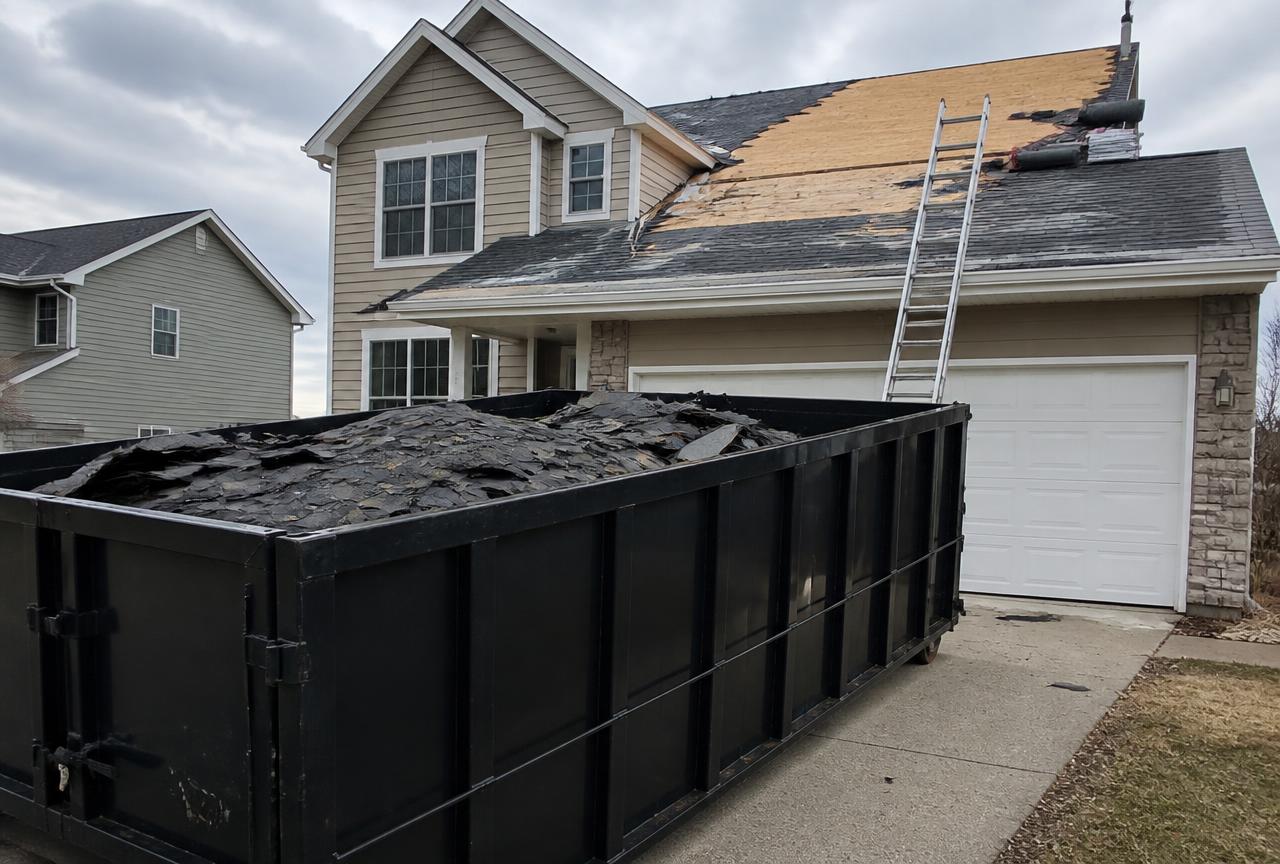 Roofing crew tearing off old shingles on a suburban Minnesota home with a dumpster in the driveway