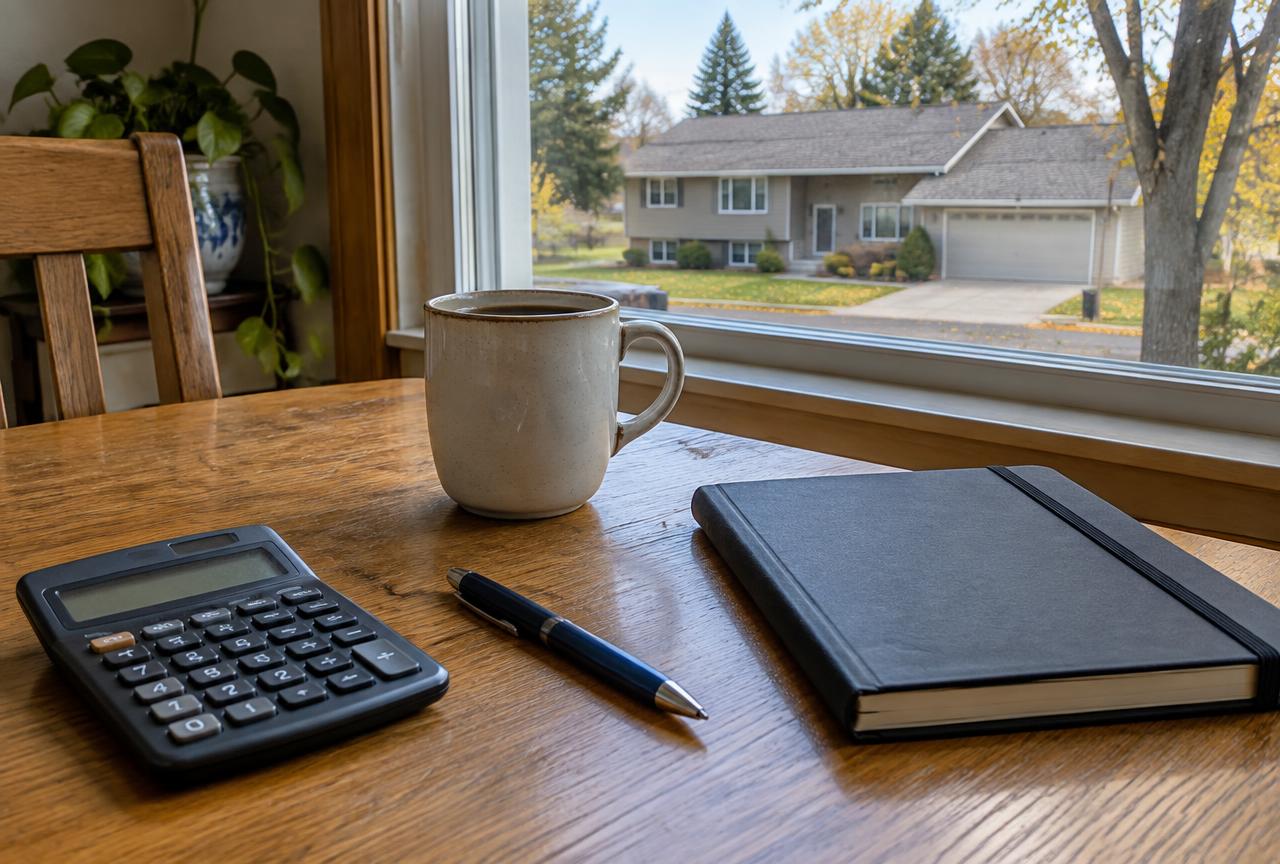 Calculator, pen and notebook on a kitchen table looking out at a shingled Minnetonka area home