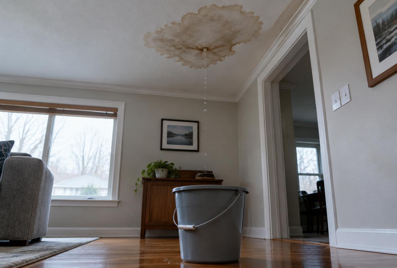 Water stain on a living room ceiling with a bucket catching a drip in a Minnetonka area home