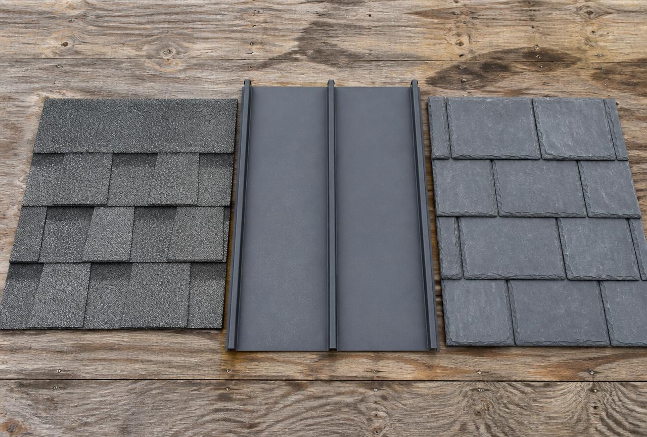 Asphalt shingle, metal panel, and synthetic shake roofing samples side by side