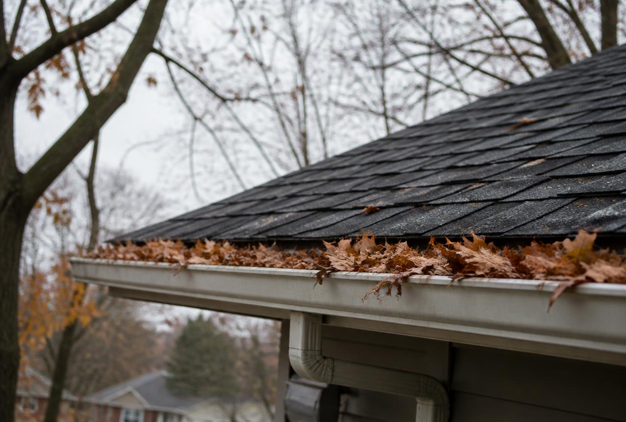 Autumn leaves packed into a gutter along the shingle edge of a Minnetonka area home before winter